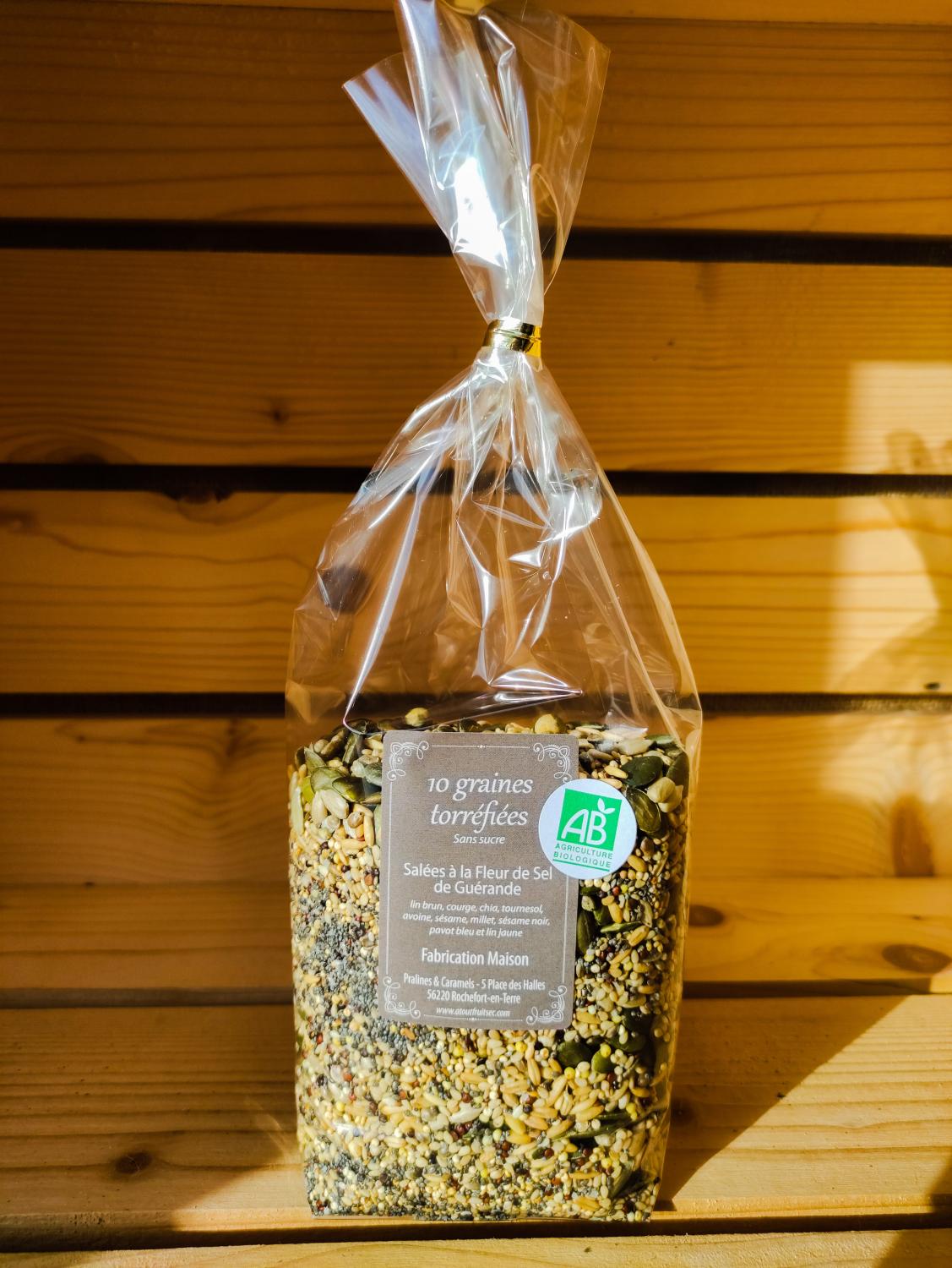 Mélange de 10 GRAINES TORREFIEES bio (sans sucre) à la fleur de sel de Guérande 290g (27,58€/kg)